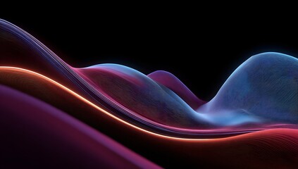 Abstract flowing digital waveform illuminated with vibrant neon pink and electric blue light against a deep black background creating a futuristic technological concept