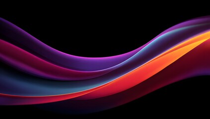 Vibrant abstract flowing waves of deep purple magenta and fiery orange light against a stark black background creating a sense of dynamic motion and energy