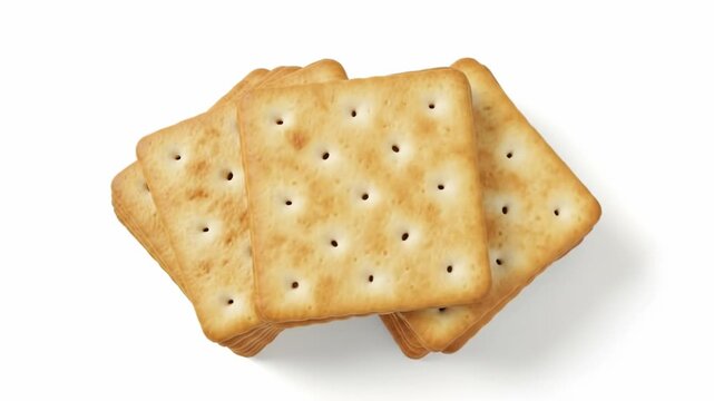 Several light brown square-shaped crackers with distinct pinholes, casually stacked on a pure white surface