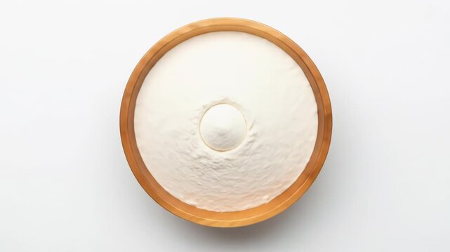 Top-down view of a brown wooden bowl filled with fine white powder, featuring a central conical mound