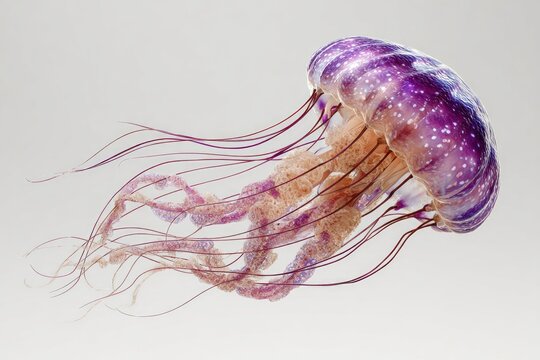 A vibrant purple jellyfish with long, flowing tentacles drifts against a light gray background. Its bell shows a speckled pattern - Powered by Adobe
