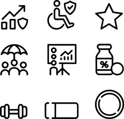 Iconographic Representation Illustrating Business Protection Accessibility Presentation Nutritional Supplements Gym Equipment and Secure Data Backup Technology with Elegant Black Lines