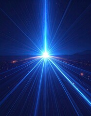 Blazing blue light rays explode outward from a central point.  A vast dark expanse surrounds the beam, with subtle hints of light