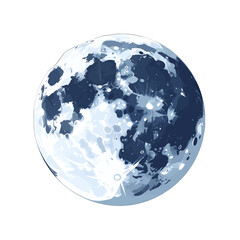 Detailed Full Moon Illustration with Varied Blue and White Hues Cosmic Celestial Body on a White Background
