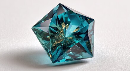 Teal gemstone with internal gold inclusions, faceted into a complex, pyramidal shape, displayed against a neutral background
