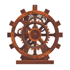 Steampunk Clockwork Mechanism with Rust and Gears on White Background