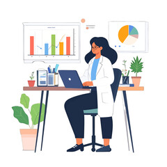 Scientist Working at Desk with Graphs Laptop and Plants in a White Office with White Background