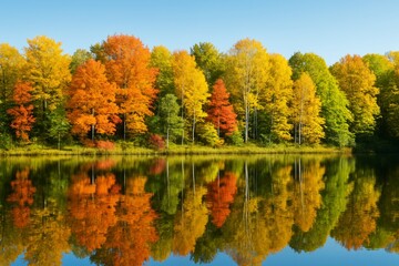 Colorful autumn forest with vibrant foliage and clear lake reflection under bright blue sky, perfect for seasonal nature background concepts. Ai generative