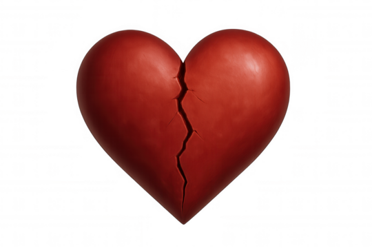 Red broken heart symbol, showing heartbreak, loss, sadness, and separation on transparent background
