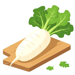 Fresh White Radish on Wooden Cutting Board with Green Leaves