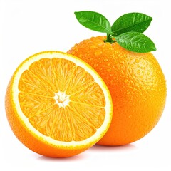 Fresh orange, whole and halved, with leaves