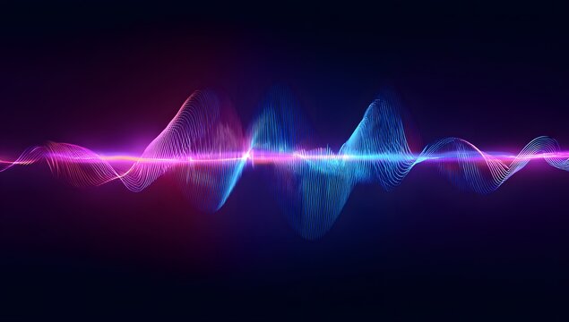 Vibrant digital sound wave visualization with pulsating neon light and intricate abstract patterns creating a futuristic audio spectrum display on a dark background - Powered by Adobe