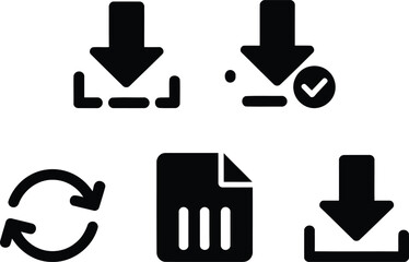 Diverse Set of Icons Demonstrating File Download, Updates, and Document Representations for User Interface Design and Software Applications Functionality in Black