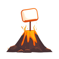 Cartoon Volcanic Mountain with Lava Flowing Down and Blank Sign on Top Against White Background