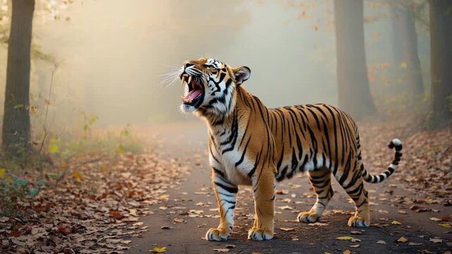 A tiger roaring in a foggy forest with leaves on the ground and trees in the background scene tiger video