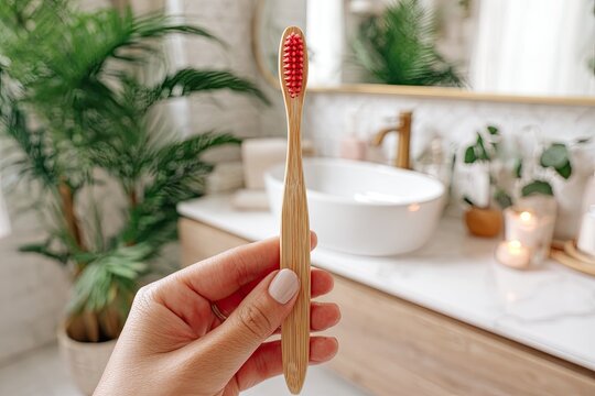 A hand holds a bamboo toothbrush with pinkish-red bristles, set against a blurred background of a modern bathroom with plants and marble surfaces