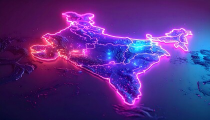 Glowing neon outline of a country, with cities as bright points