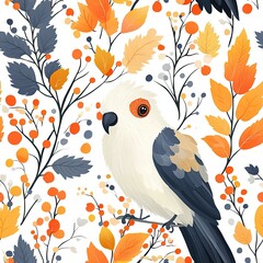 Seamless pattern of white cockatoos with orange leaves, perfect for tropical and wildlife-themed designs.