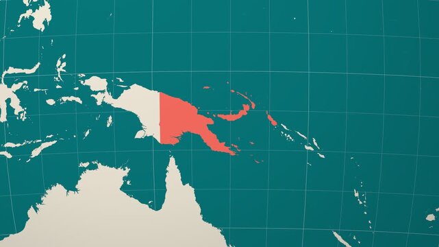 Papua New Guinea map. Animated zoom into the country on the Globe in Teal Pale Mint color palette. Country logo animation. Map with meridians, parallels. Alive video.