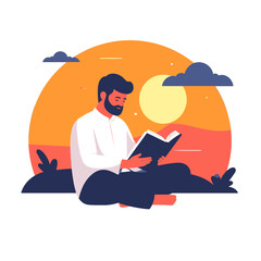 Man Reading Book with Orange Sky Background and Sunset Atmosphere Illustration in Flat Design Style