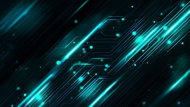 Abstract futuristic digital circuit board pattern with glowing cyan lines and particles on a dark background representing technology and data flow - Powered by Adobe