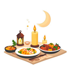 Festive Meal with Candles and Crescent Moon in Pixel Art Style