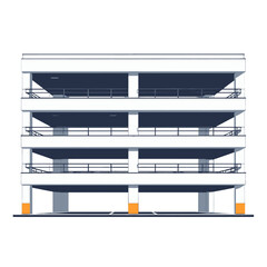 Low Resolution Building Facade with Multiple Stories Gray and Orange Accents Simple Minimalist Architecture Against White Background Depicting Urban Infrastructure