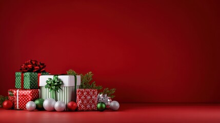 Festive Christmas Gift Boxes and Decorations on Red Background