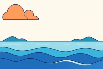 Minimalist ocean landscape illustration with blue waves, distant hills, and light sky with orange clouds on abstract background design. Ai generative