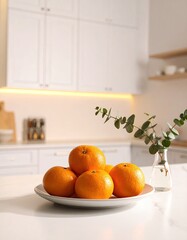Fresh oranges on a plate in a bright kitchen