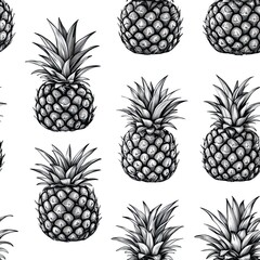 Black and white seamless pineapple pattern, minimal tropical fruit design for wallpaper and fabric.