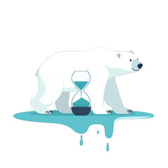 Fototapeta premium Vulnerable Polar Bear with Hourglass on Melting Ice Illustration with Teal and White Palette Isolated on White Background