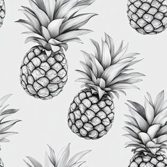 Grayscale seamless pineapple pattern, detailed tropical fruit illustration for modern design.