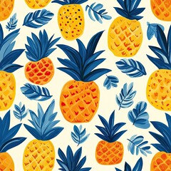 Seamless tropical pineapple pattern with bold blue leaves, bright summer textile design.