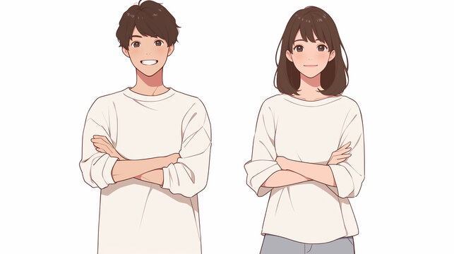 笑顔の男女カップルが並んで立つシンプルで爽やかなイラスト「生成AI」