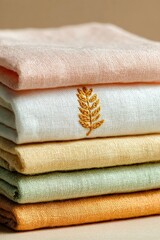 A stack of pastel-colored linen fabrics, neatly folded, features a small gold embroidered leaf design on the second layer from the top