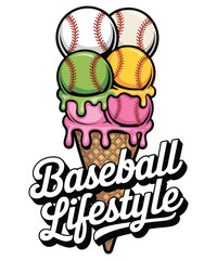 Baseball Lifestyle Whimsical Ice Cream Cone Design with Baseballs and Catchy Typography for Sports Enthusiasts and Summer Fun