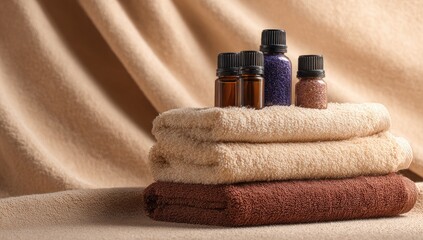 Stacked beige and brown towels topped with amber glass bottles of essential oils and bath salts against a beige fabric backdrop