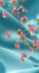 Delicate pink blossoms cascade over a flowing, teal fabric backdrop, bathed in soft light