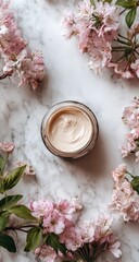 A jar of light beige cream sits on a marble surface, encircled by delicate pink blossoms