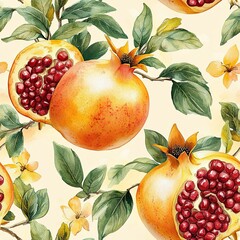 Seamless pomegranate pattern with large fruits and leaves, realistic botanical design.