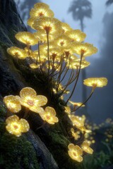 Luminous yellow bioluminescent fungi cluster on mossy rock in a misty, tropical forest