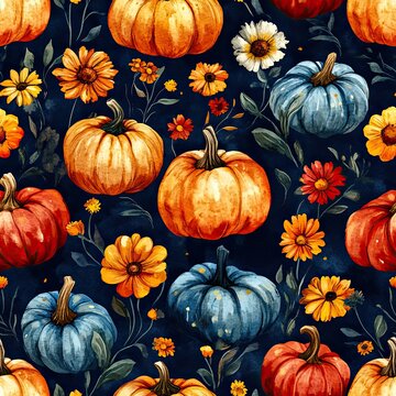 Seamless pumpkin pattern with flowers on dark background, autumn botanical design.