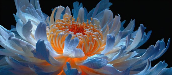 Close-up of a vibrant flower with blue and orange petals against a black background, showcasing intricate details