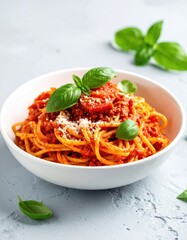 A bowl of spaghetti with a rich tomato sauce, topped with grated cheese and fresh basil leaves