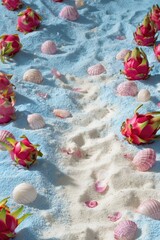 A path of white sand meanders through light-blue textured sand, lined with pink dragon fruit and seashells