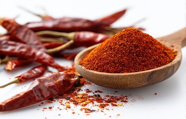 A wooden spoon overflowing with vibrant red chili powder rests beside a cluster of dried red chili peppers on a white background.  A few stray flakes of chili powder are scattered nearby