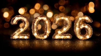 Golden 2026 numbers with shimmering glow and bokeh lights on dark background for new year celebration and festive prosperity