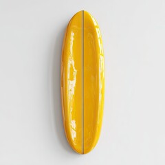Glossy yellow surfboard, single central stripe, against a white background; minimal design