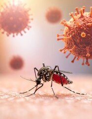 Mosquito feeding on human skin with viruses in the background